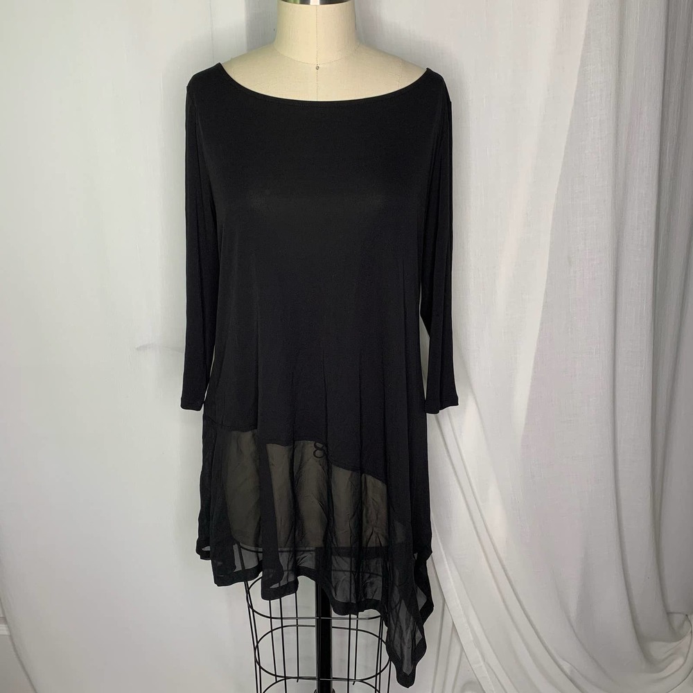 Eileen Fisher Silk Scoop Neck Tee with Sheer Asymmetrical Hem